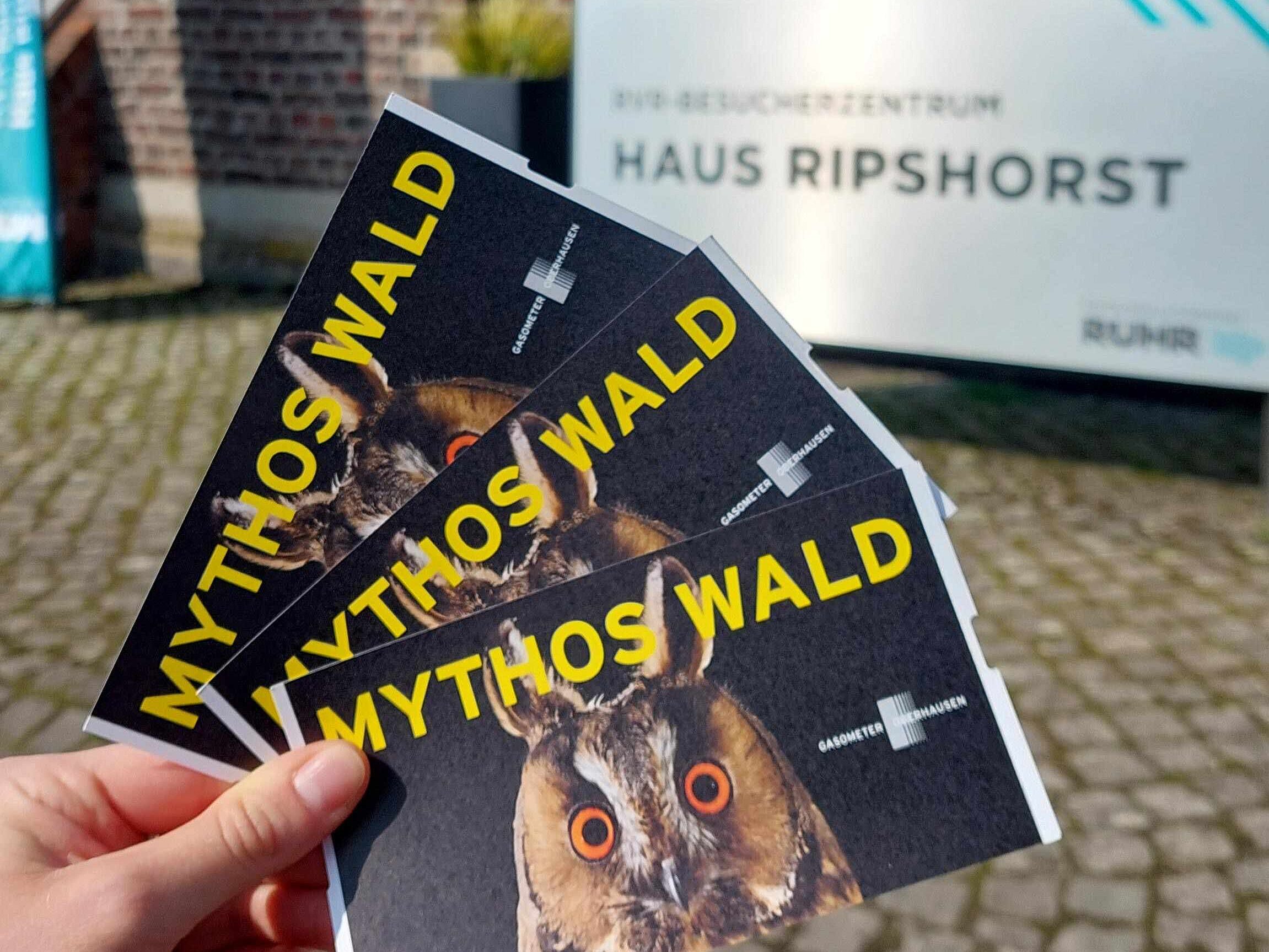 Eine Person hält drei Tickets der Ausstellung "Mythos Wald" in der Hand und steht vor dem Besucherzentrum Haus Ripshorst.