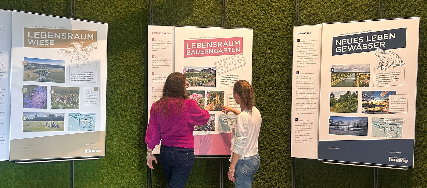Zwei Personen schauen sich eine Thementafel zum Lebensraum Bauerngarten an