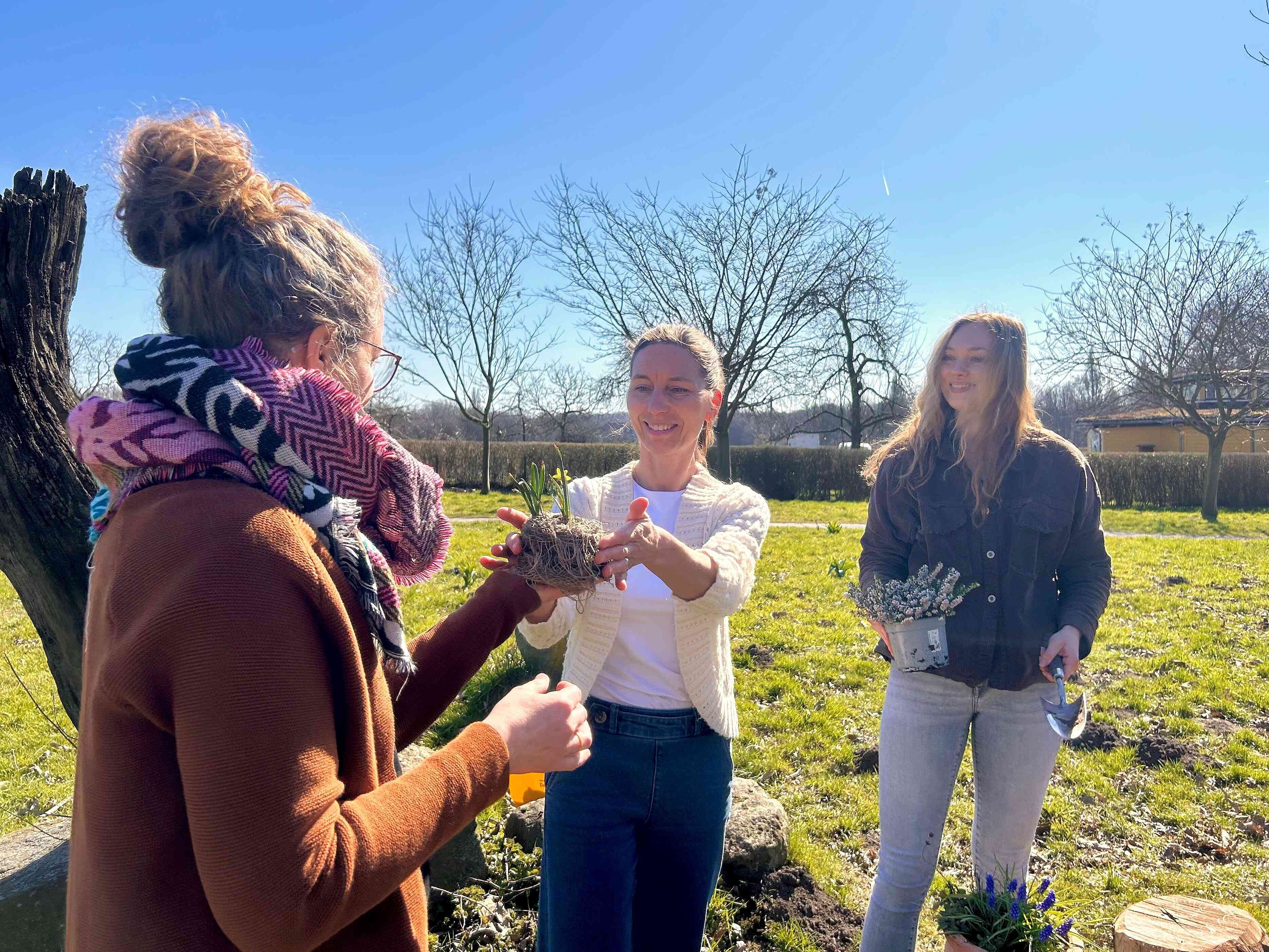 Drei Personen tauschen Pflanzen