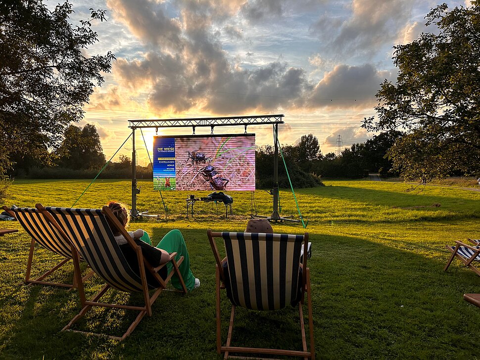 Zwei Liegestühle im Vordergrund. Darauf sitzen zwei Personen und schauen auf einer großen Leinwand einen Film auf einer Wiese.