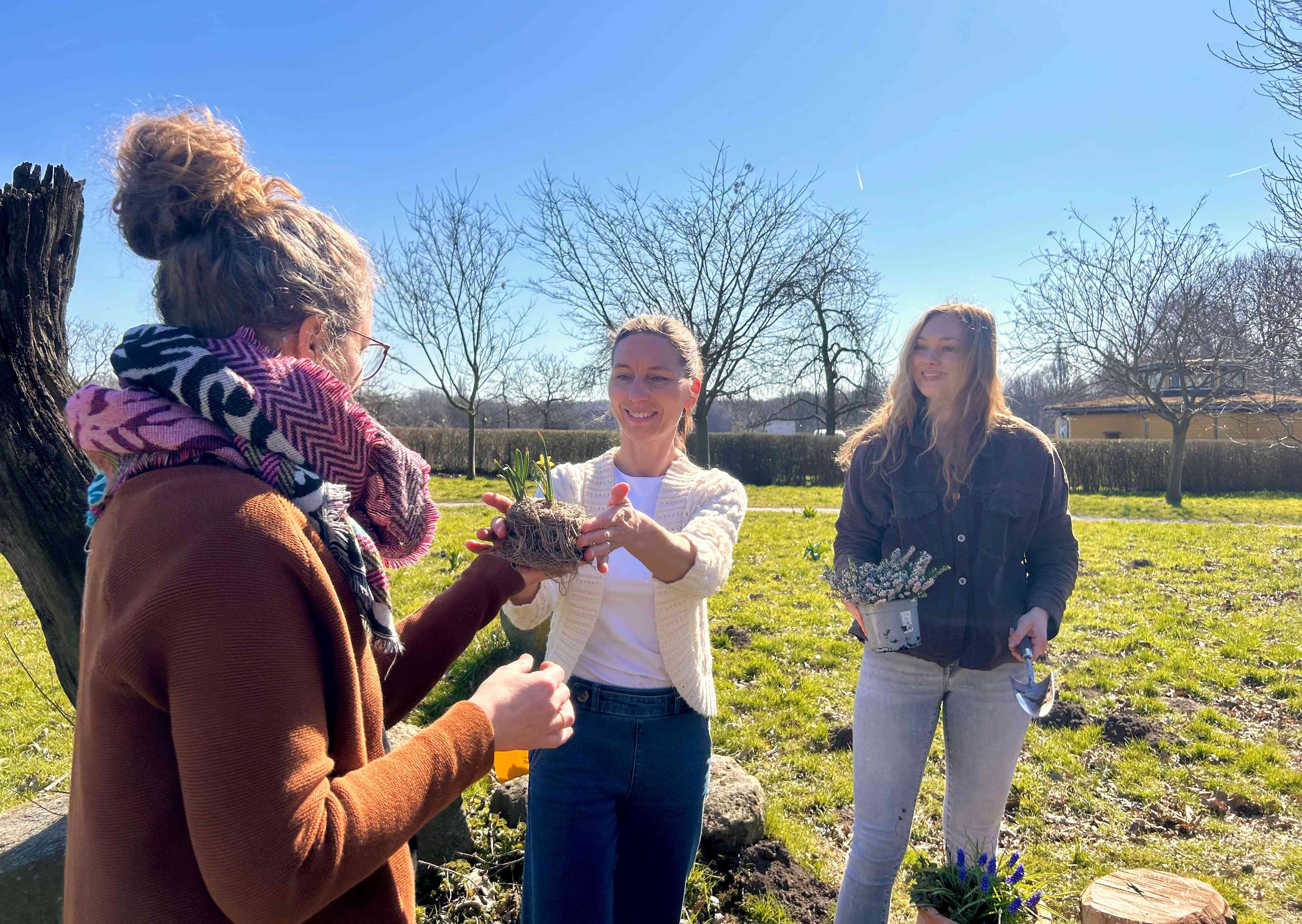 Drei Personen tauschen Pflanzen